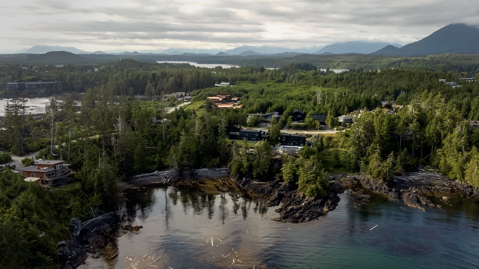 Wide aerial of the wild coast, forest and distant mountains